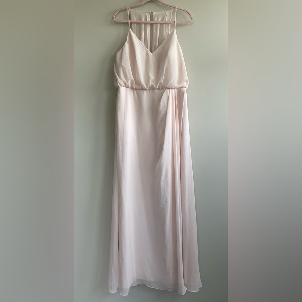 Azazie Blushing Pink Elegant Slit Dress Sheer Back Chiffon Bridesmaid V Neck